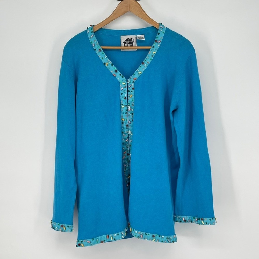 Storybook Knits Cardigan Size M Embellished Beaded Blue Cotton Blend Novelty